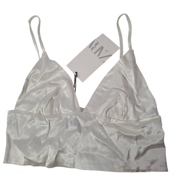 Zara Women's Cream Satin Triangle Bralette Crop Top Size Small - Picture 1 of 8